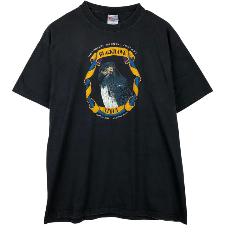 90'S Hanes BEEFY-T BLACKHAWK STOUT Advertising T-Shirt, Made in USA, Men's XL equivalent. cotton black type Vintage Second Hand