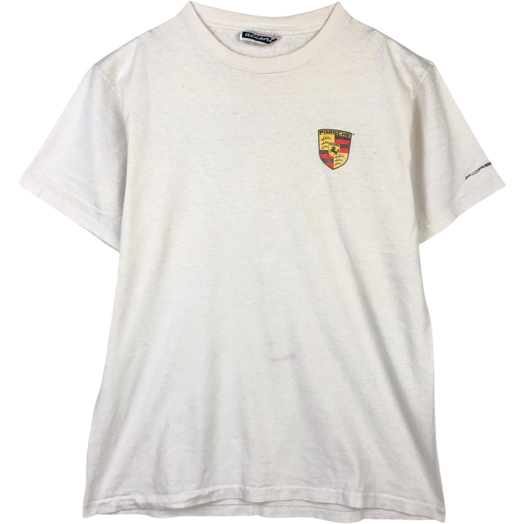 ~90'S PORSCHE advertising T-shirt, Made in USA, Men's size L (approx.) cotton white type Vintage Second Hand