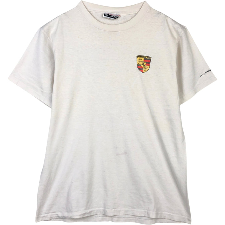~90'S PORSCHE advertising T-shirt, Made in USA, Men's size L (approx.) cotton white type Vintage Second Hand