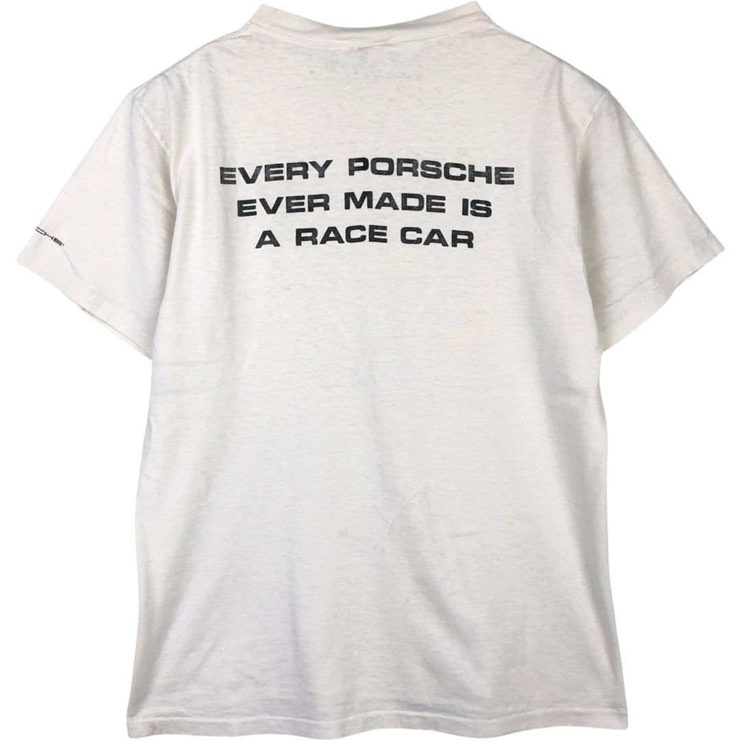 ~90'S PORSCHE advertising T-shirt, Made in USA, Men's size L (approx.) cotton white type Vintage Second Hand