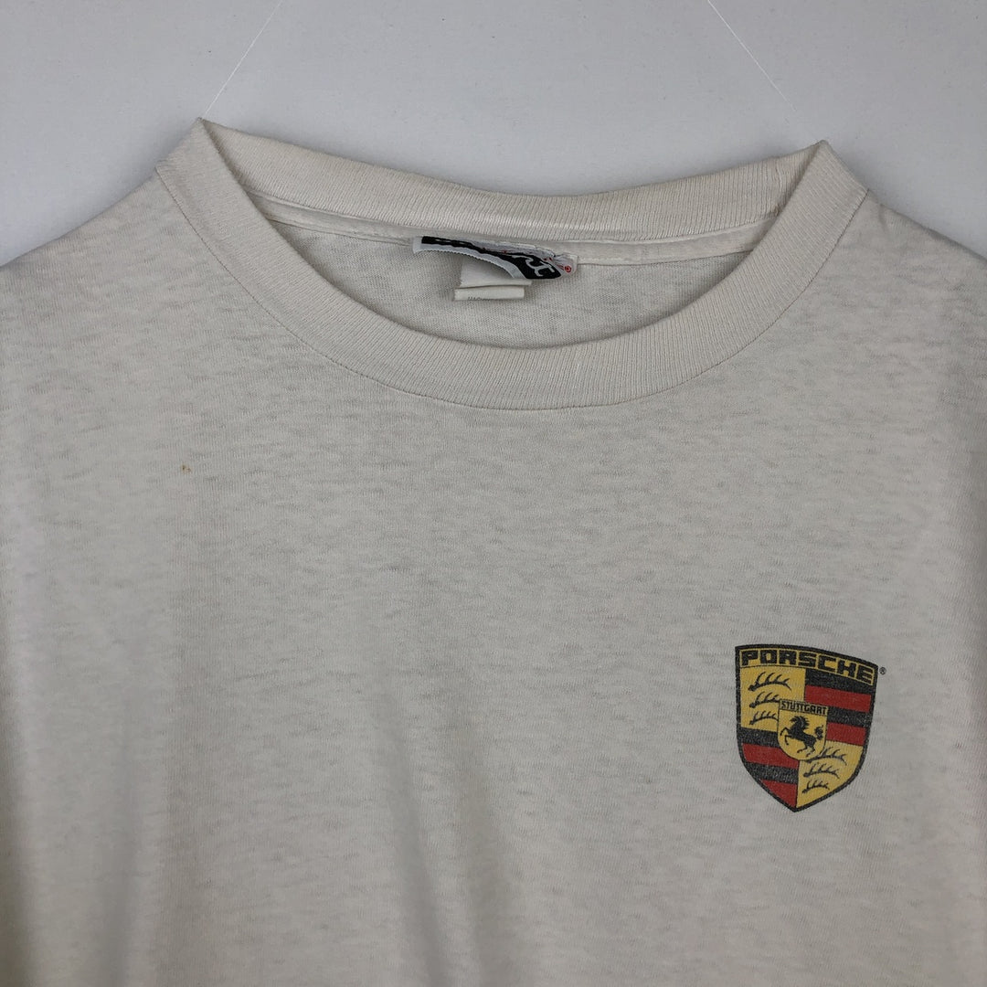 ~90'S PORSCHE advertising T-shirt, Made in USA, Men's size L (approx.) cotton white type Vintage Second Hand