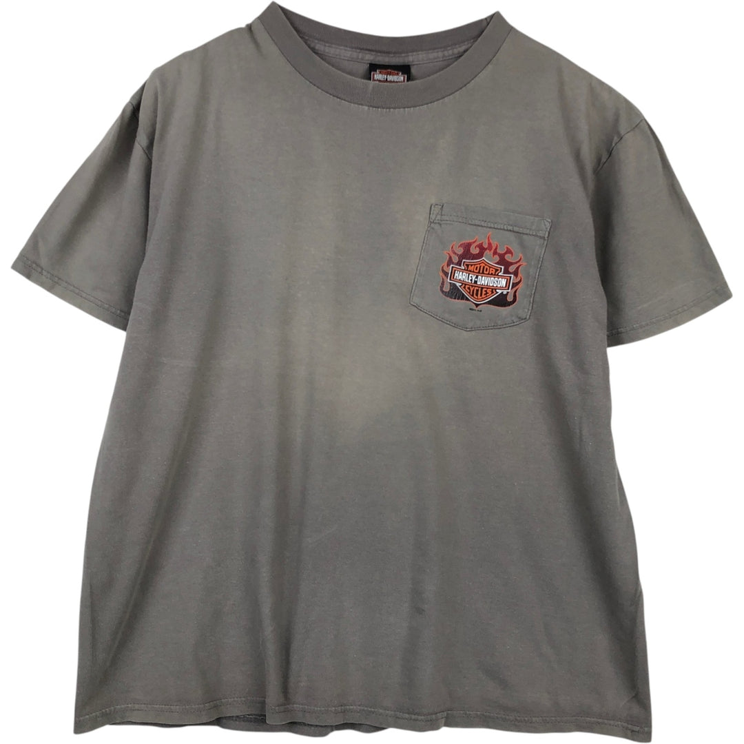 Harley-Davidson Pin-up Girl Fire Pattern Motorcycle T-Shirt (Men's Size L) cotton gray type Vintage Second Hand