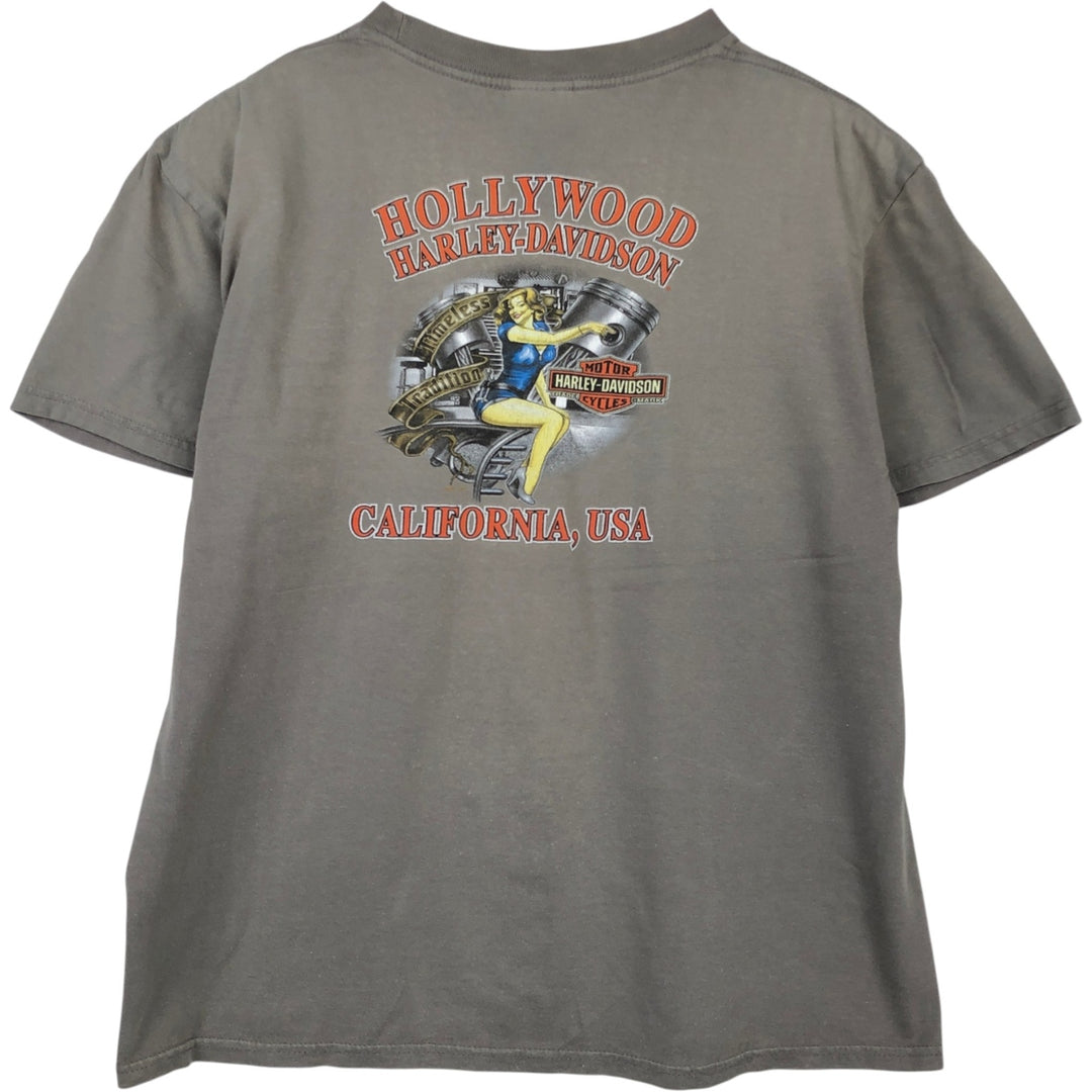 Harley-Davidson Pin-up Girl Fire Pattern Motorcycle T-Shirt (Men's Size L) cotton gray type Vintage Second Hand