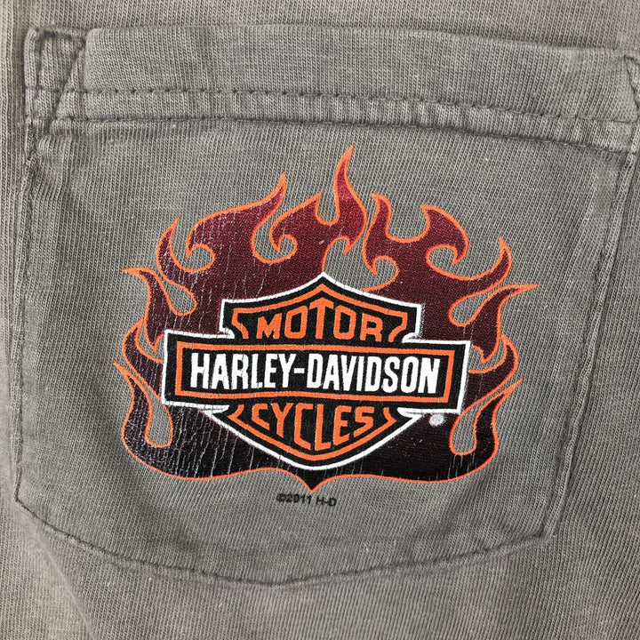 Harley-Davidson Pin-up Girl Fire Pattern Motorcycle T-Shirt (Men's Size L) cotton gray type Vintage Second Hand