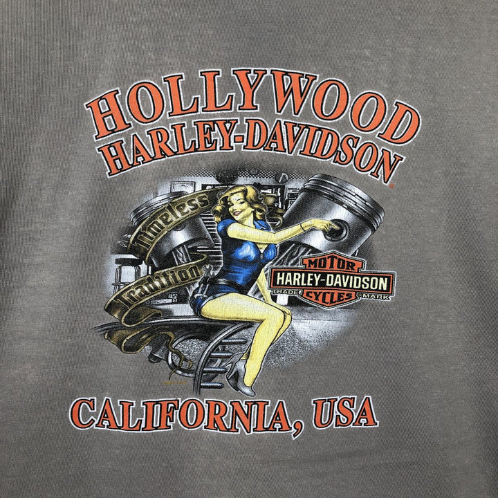 Harley-Davidson Pin-up Girl Fire Pattern Motorcycle T-Shirt (Men's Size L) cotton gray type Vintage Second Hand