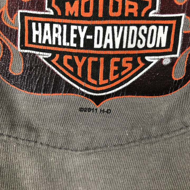 Harley-Davidson Pin-up Girl Fire Pattern Motorcycle T-Shirt (Men's Size L) cotton gray type Vintage Second Hand