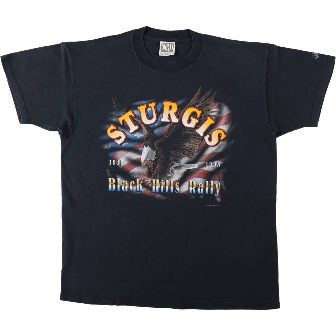 90'S CMJ Eagle Pattern American Flag Motorcycle T-Shirt, Made in USA, Men's Size L (approx.), Vintage cotton black type Vintage Second Hand