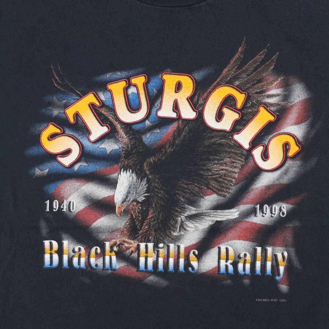 90'S CMJ Eagle Pattern American Flag Motorcycle T-Shirt, Made in USA, Men's Size L (approx.), Vintage cotton black type Vintage Second Hand