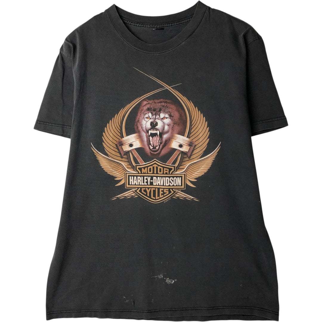 00'S Harley-Davidson Wolf Pattern Eagle Pattern Motorcycle Bike T-shirt Men's M size unclear black type Vintage Second Hand