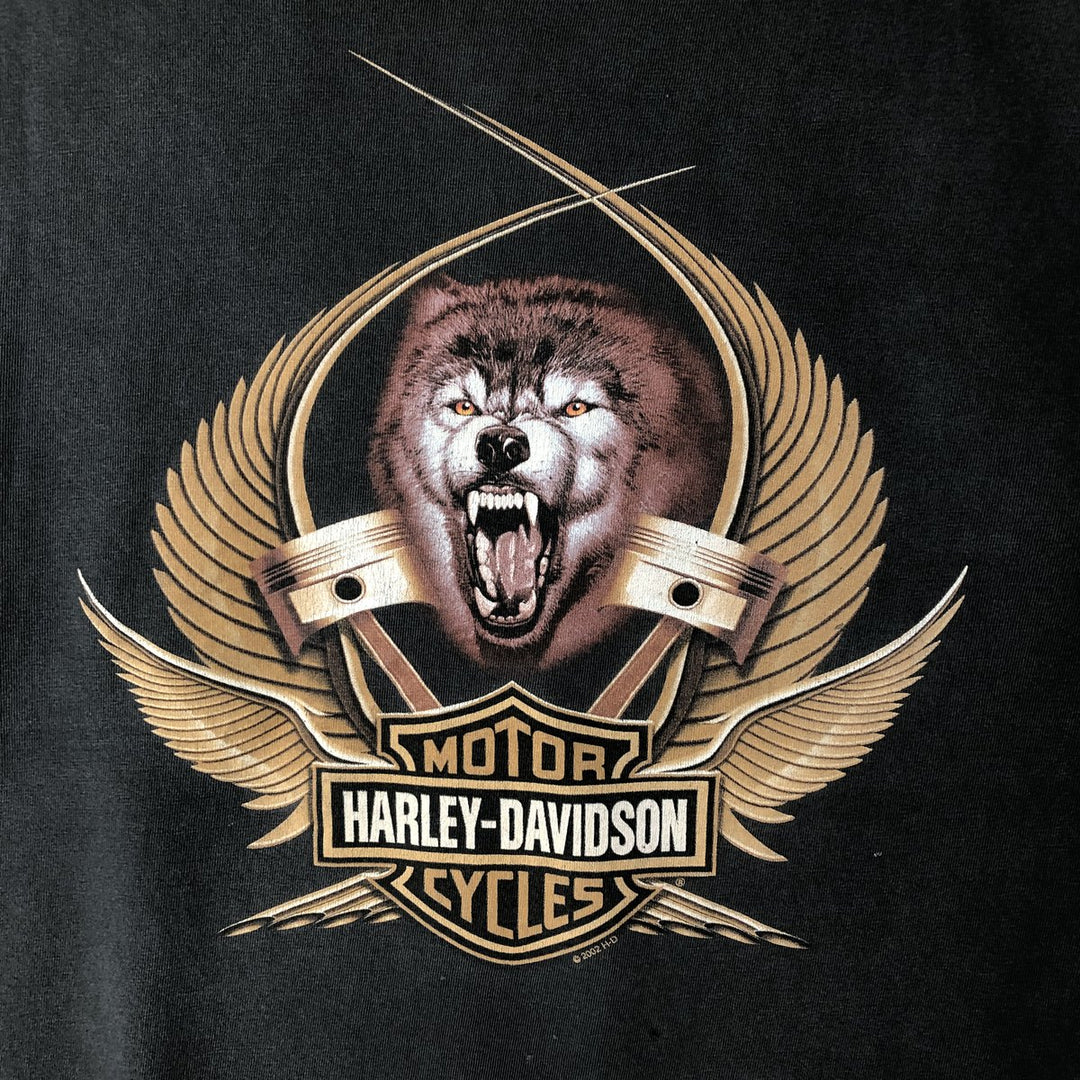 00'S Harley-Davidson Wolf Pattern Eagle Pattern Motorcycle Bike T-shirt Men's M size unclear black type Vintage Second Hand