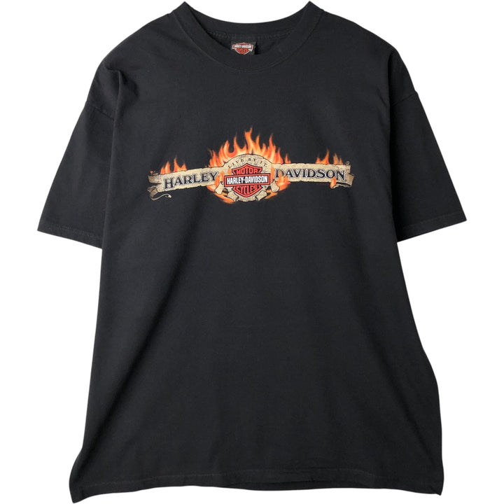 00'S Harley-Davidson Fire Pattern Motorcycle Bike T-Shirt Made in USA Men's XXL cotton black type Vintage Second Hand