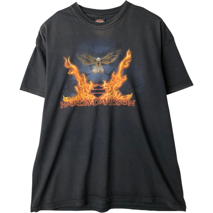 00'S Harley Davidson Eagle Pattern Fire Pattern Motorcycle Bike T-shirt Made in USA Men's XXL cotton black type Vintage Second Hand
