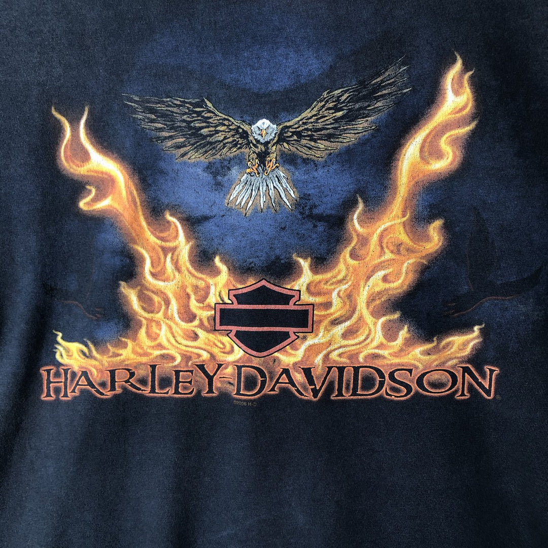00'S Harley Davidson Eagle Pattern Fire Pattern Motorcycle Bike T-shirt Made in USA Men's XXL cotton black type Vintage Second Hand