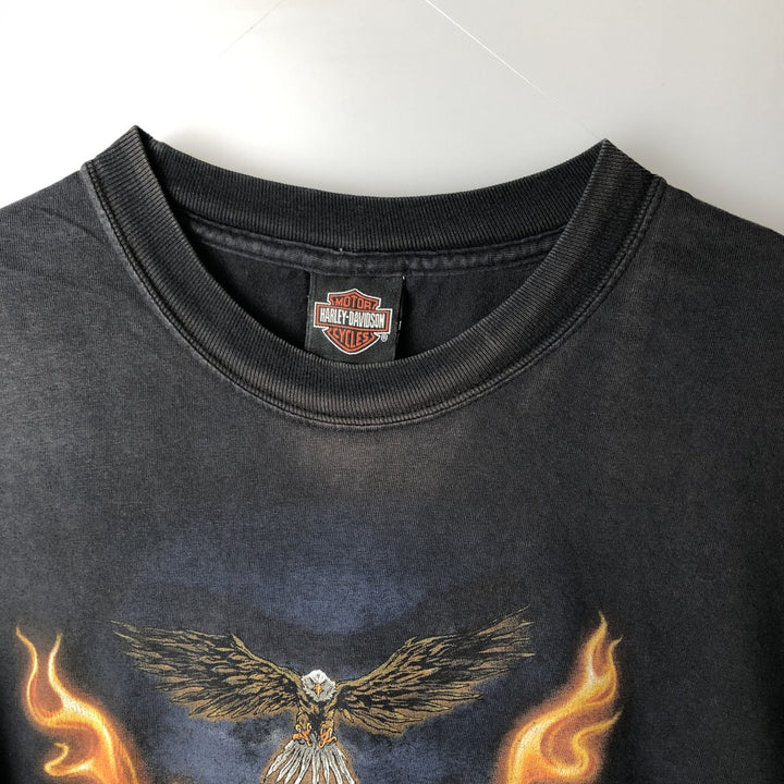 00'S Harley Davidson Eagle Pattern Fire Pattern Motorcycle Bike T-shirt Made in USA Men's XXL cotton black type Vintage Second Hand