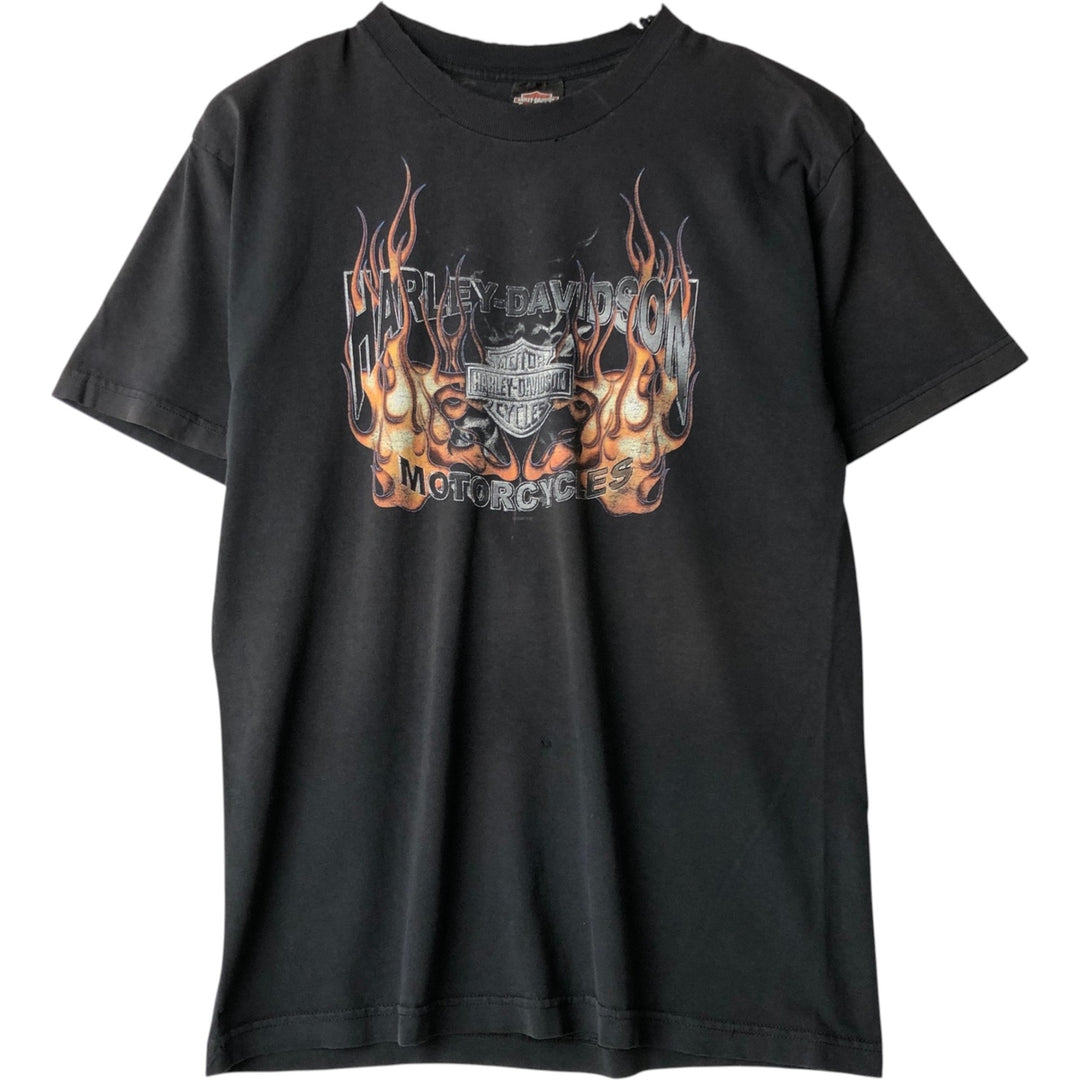 00'S Harley-Davidson Fire Pattern Motorcycle Bike T-Shirt Men's L size unclear black type Vintage Second Hand
