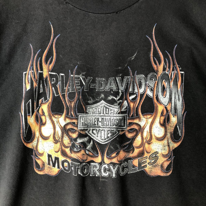 00'S Harley-Davidson Fire Pattern Motorcycle Bike T-Shirt Men's L size unclear black type Vintage Second Hand
