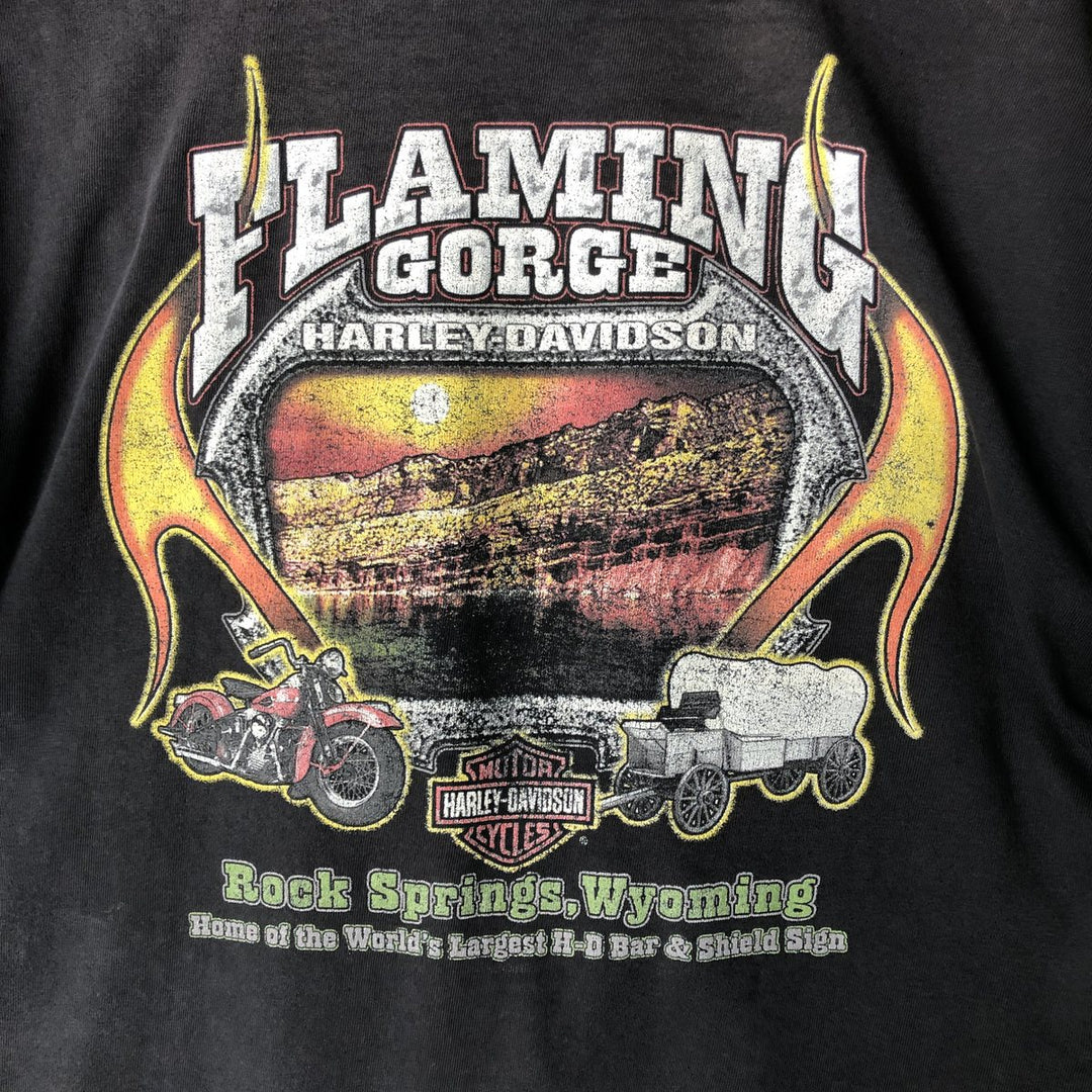 00'S Harley-Davidson Fire Pattern Motorcycle Bike T-Shirt Men's L size unclear black type Vintage Second Hand