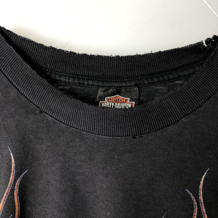 00'S Harley-Davidson Fire Pattern Motorcycle Bike T-Shirt Men's L size unclear black type Vintage Second Hand