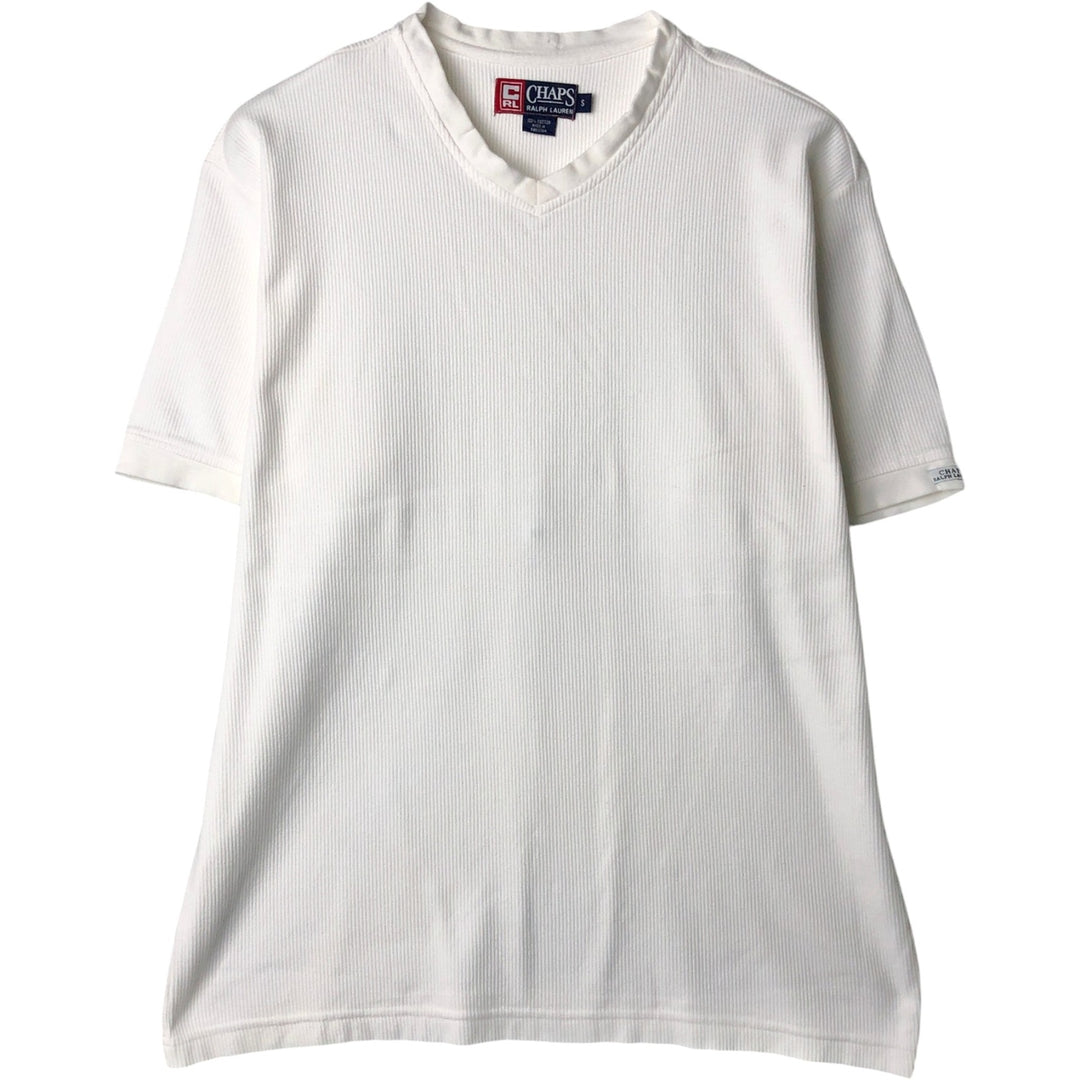 Ralph Lauren CHAPS Ribbed Short-Sleeve V-Neck T-Shirt, Men's Size S (approx.) cotton white type Vintage Second Hand