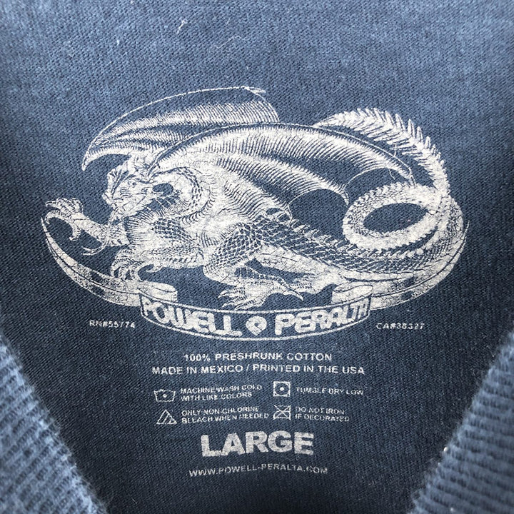 POWELL PERALTA Skull Pattern Surf Skate T-Shirt (Men's Size L) cotton navy blue type Vintage Second Hand