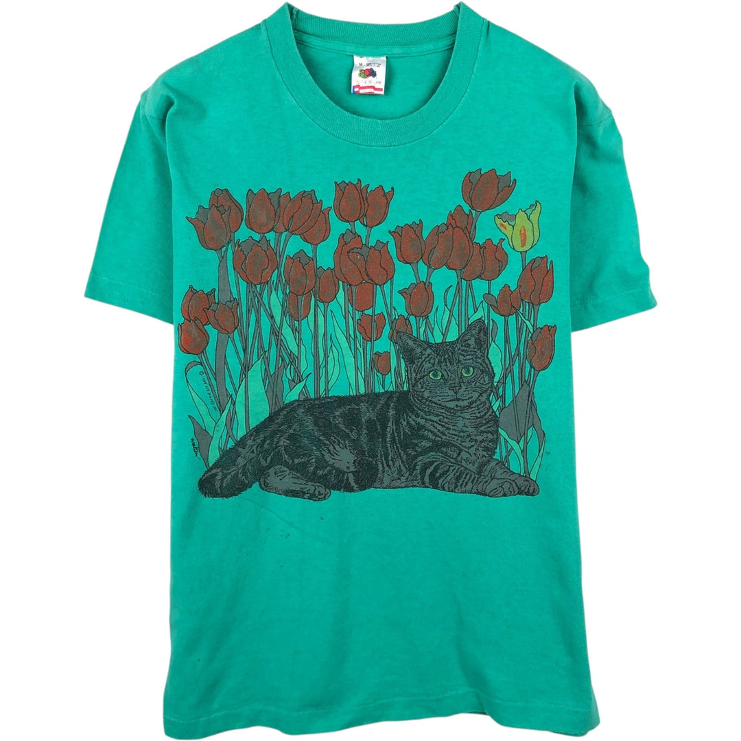 1980'S Fruit of the Loom Cat Pattern Animal T-Shirt, Made in USA, Men's Size M (approx.), Vintage cotton green type Vintage Second Hand