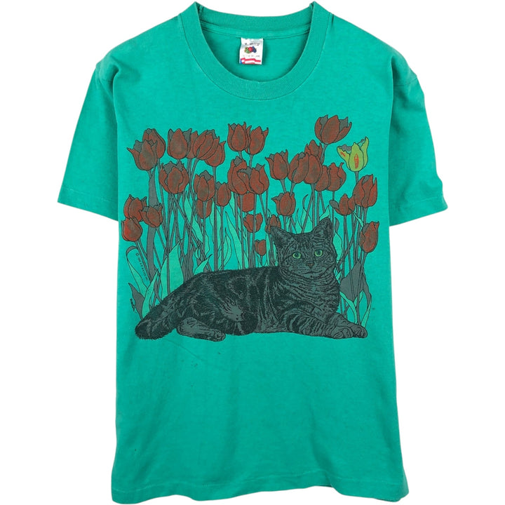 1980'S Fruit of the Loom Cat Pattern Animal T-Shirt, Made in USA, Men's Size M (approx.), Vintage cotton green type Vintage Second Hand