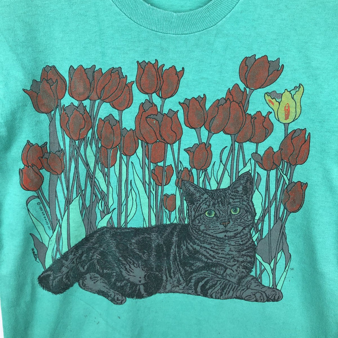 1980'S Fruit of the Loom Cat Pattern Animal T-Shirt, Made in USA, Men's Size M (approx.), Vintage cotton green type Vintage Second Hand