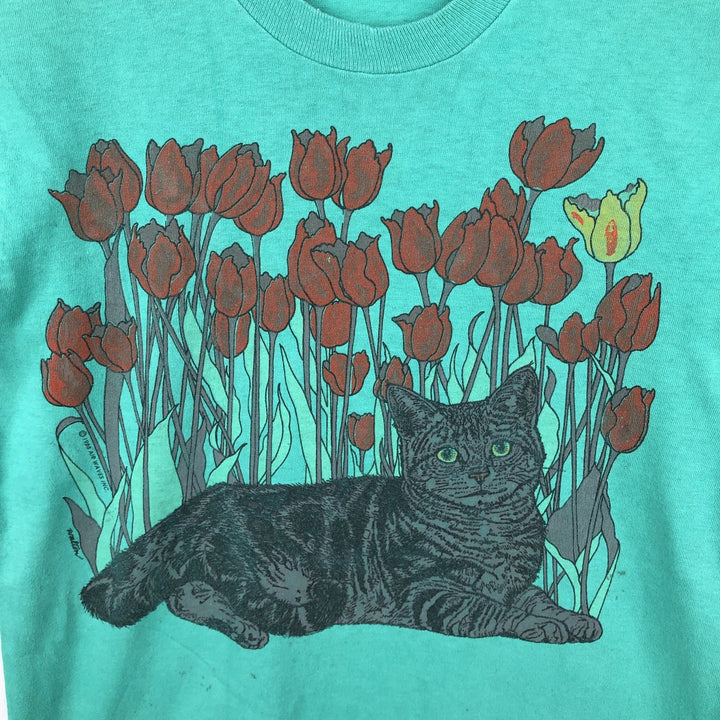 1980'S Fruit of the Loom Cat Pattern Animal T-Shirt, Made in USA, Men's Size M (approx.), Vintage cotton green type Vintage Second Hand