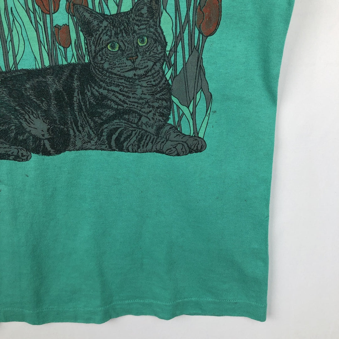 1980'S Fruit of the Loom Cat Pattern Animal T-Shirt, Made in USA, Men's Size M (approx.), Vintage cotton green type Vintage Second Hand