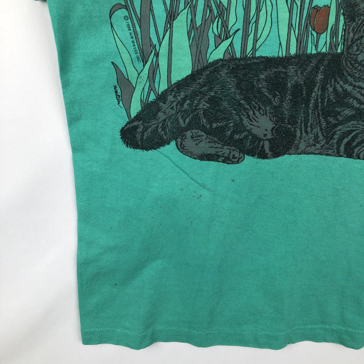 1980'S Fruit of the Loom Cat Pattern Animal T-Shirt, Made in USA, Men's Size M (approx.), Vintage cotton green type Vintage Second Hand