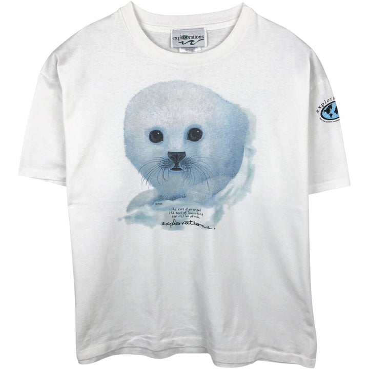 90'S Hanes EXPLORATIONS Seal Pattern Animal T-Shirt, Men's XL equivalent, Vintage cotton white type Vintage Second Hand