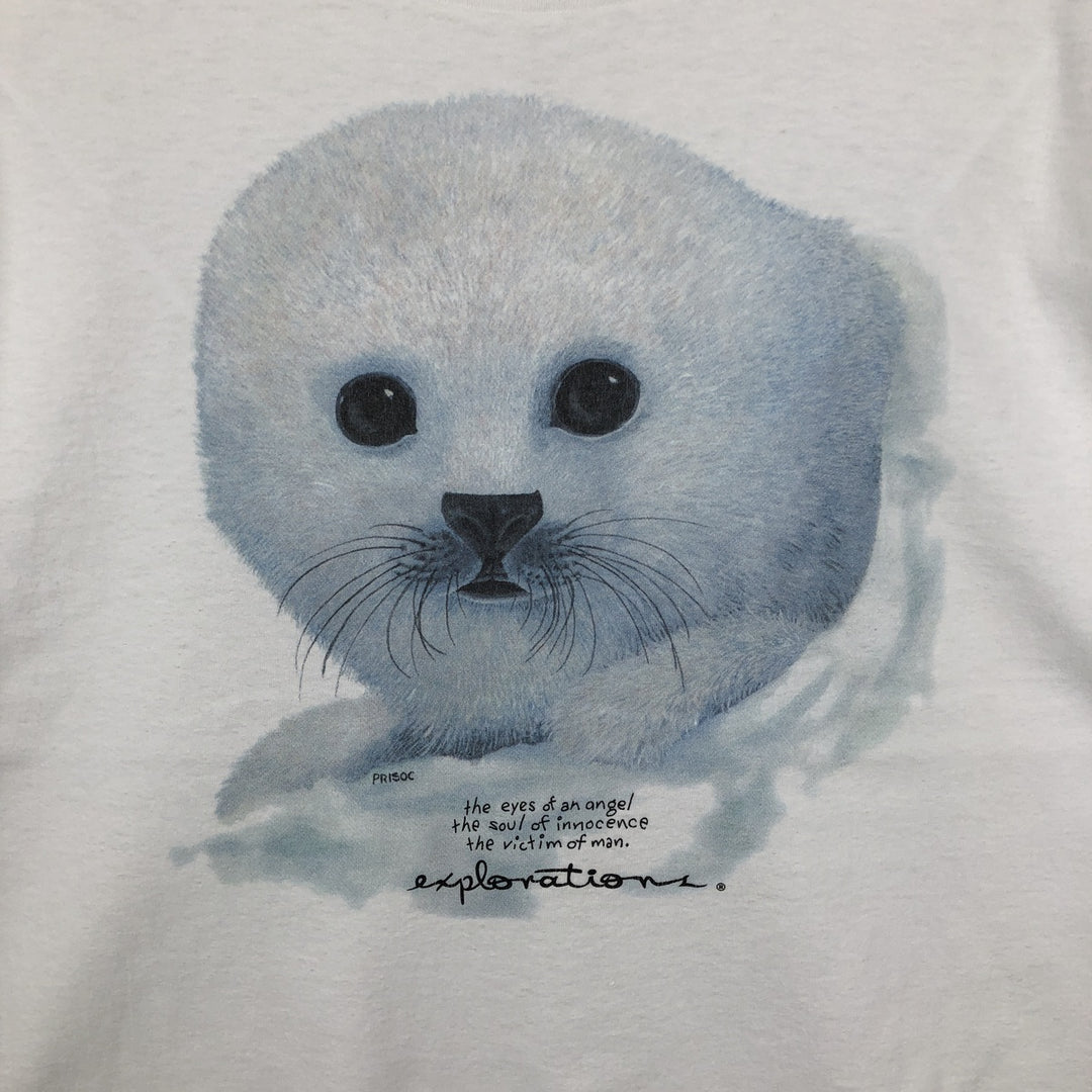 90'S Hanes EXPLORATIONS Seal Pattern Animal T-Shirt, Men's XL equivalent, Vintage cotton white type Vintage Second Hand