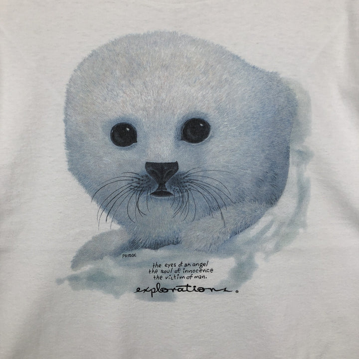 90'S Hanes EXPLORATIONS Seal Pattern Animal T-Shirt, Men's XL equivalent, Vintage cotton white type Vintage Second Hand