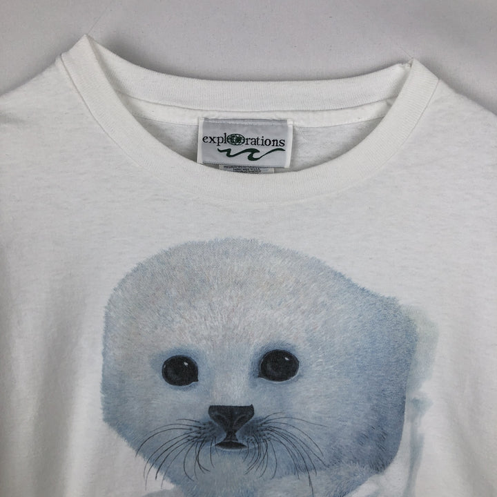 90'S Hanes EXPLORATIONS Seal Pattern Animal T-Shirt, Men's XL equivalent, Vintage cotton white type Vintage Second Hand