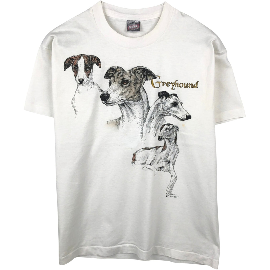90'S Fruit of the Loom GREYHOUND Dog Print Animal T-Shirt, Made in USA, Men's Size L (Equivalent), Vintage cotton white type Vintage Second Hand