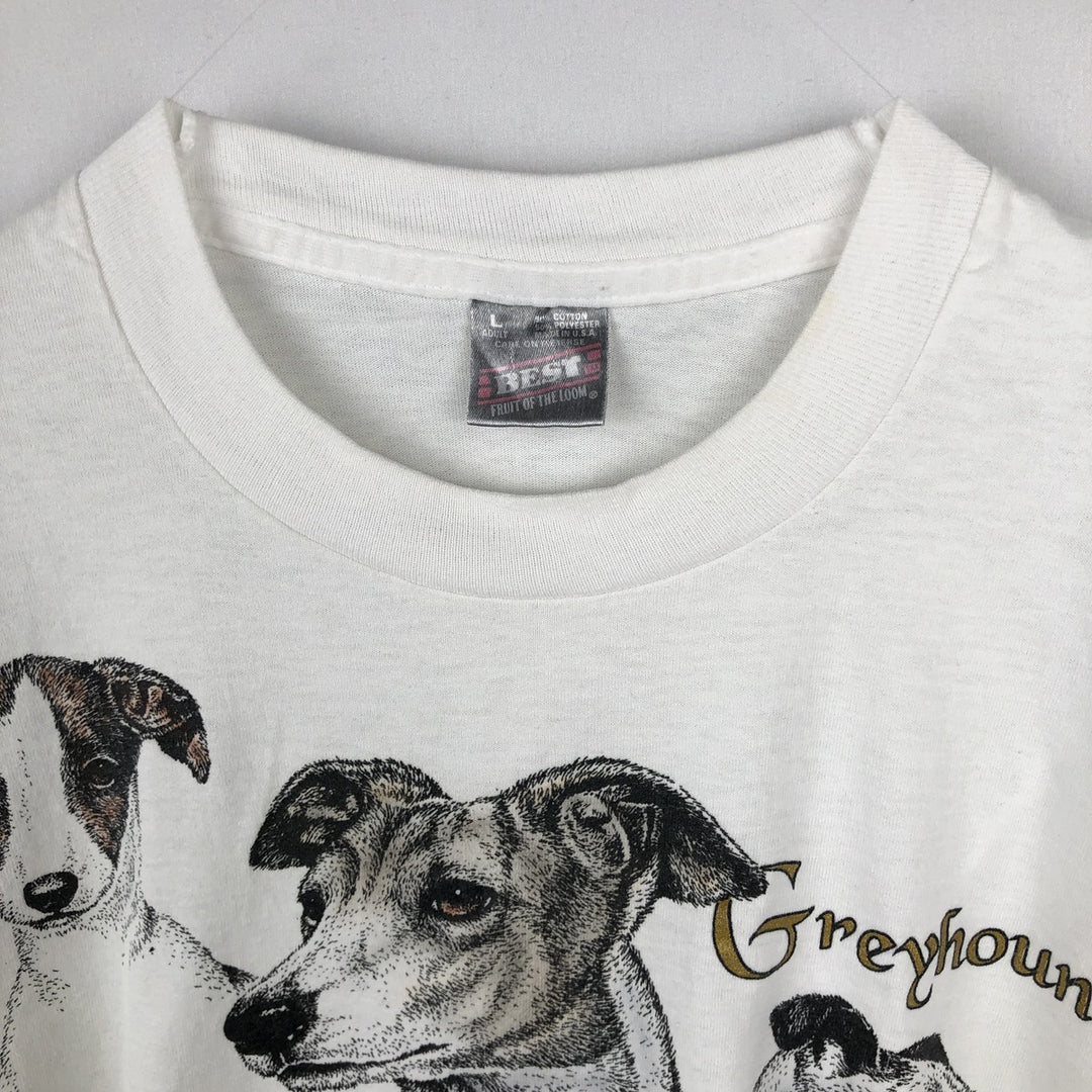 90'S Fruit of the Loom GREYHOUND Dog Print Animal T-Shirt, Made in USA, Men's Size L (Equivalent), Vintage cotton white type Vintage Second Hand