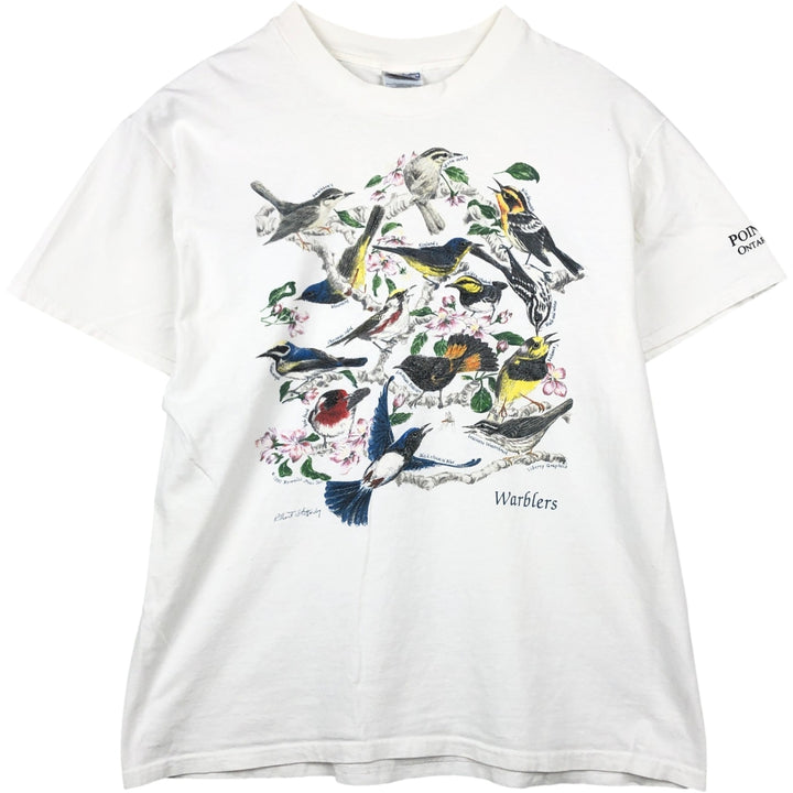 90'S Hanes BEEFY-T WARBLERS Bird Print Animal T-Shirt, Men's Size L (approx.), Vintage cotton white type Vintage Second Hand