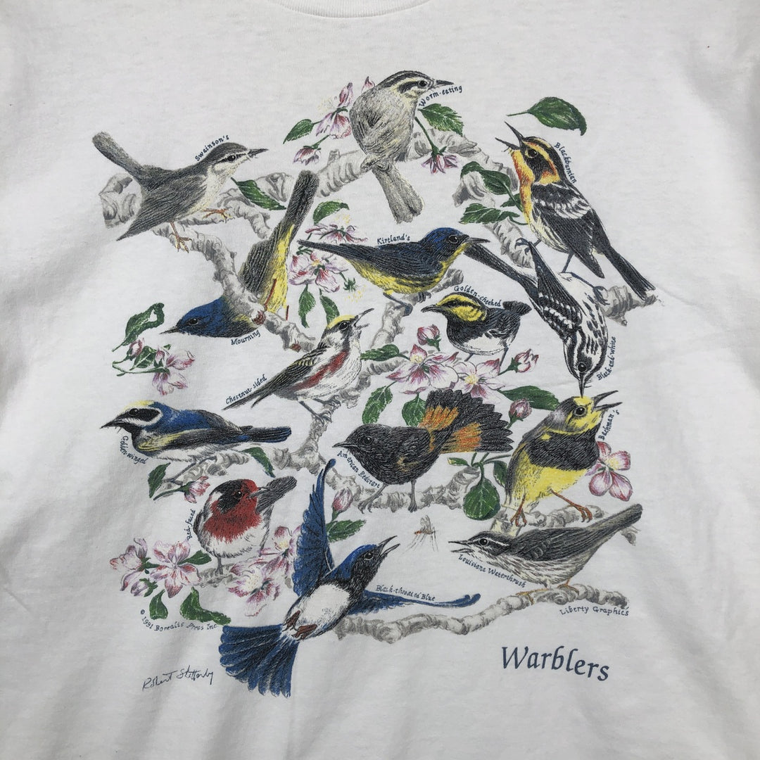 90'S Hanes BEEFY-T WARBLERS Bird Print Animal T-Shirt, Men's Size L (approx.), Vintage cotton white type Vintage Second Hand
