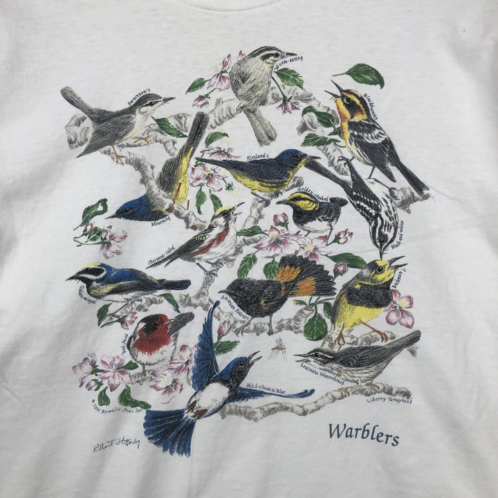 90'S Hanes BEEFY-T WARBLERS Bird Print Animal T-Shirt, Men's Size L (approx.), Vintage cotton white type Vintage Second Hand
