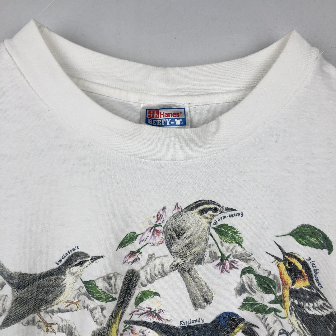 90'S Hanes BEEFY-T WARBLERS Bird Print Animal T-Shirt, Men's Size L (approx.), Vintage cotton white type Vintage Second Hand
