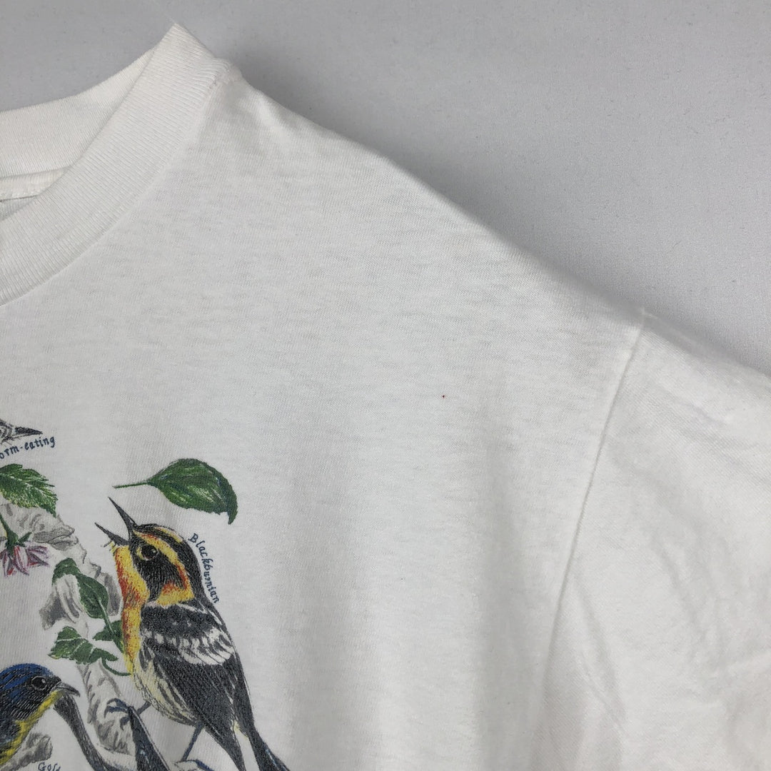 90'S Hanes BEEFY-T WARBLERS Bird Print Animal T-Shirt, Men's Size L (approx.), Vintage cotton white type Vintage Second Hand