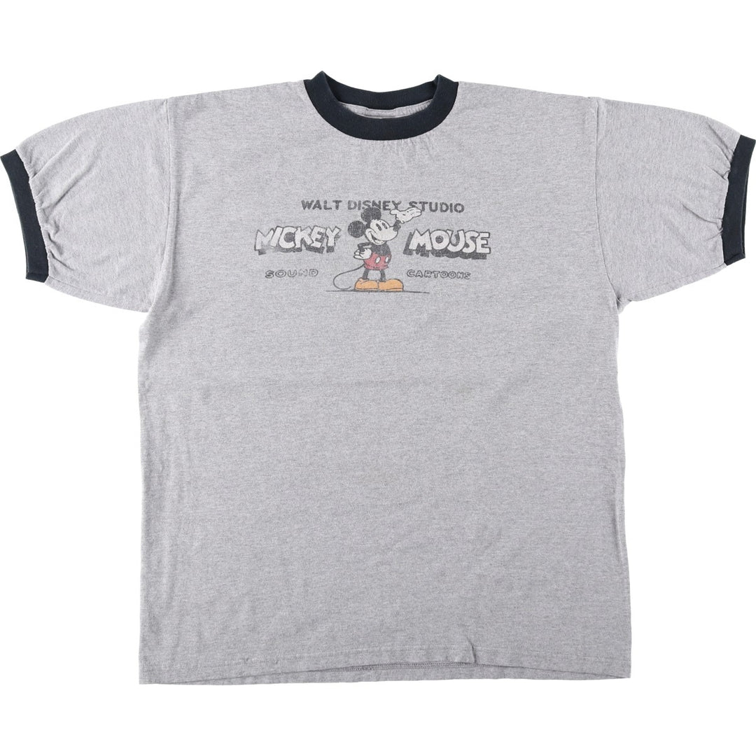 DISNEY Mickey Mouse Ringer T-shirt, Character Print T-shirt, Men's Size L (approx.) cotton gray type Vintage Second Hand