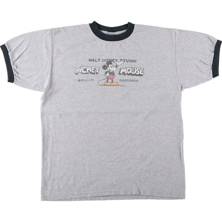 DISNEY Mickey Mouse Ringer T-shirt, Character Print T-shirt, Men's Size L (approx.) cotton gray type Vintage Second Hand