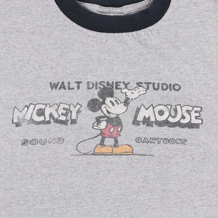DISNEY Mickey Mouse Ringer T-shirt, Character Print T-shirt, Men's Size L (approx.) cotton gray type Vintage Second Hand