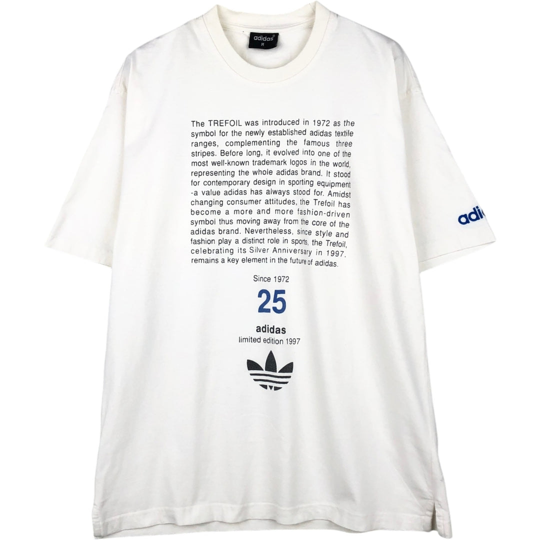 90'S Adidas Trefoil Logo 25th Anniversary Message Sports Print T-Shirt, Men's Size M (approx.), Vintage unclear white type Vintage Second Hand