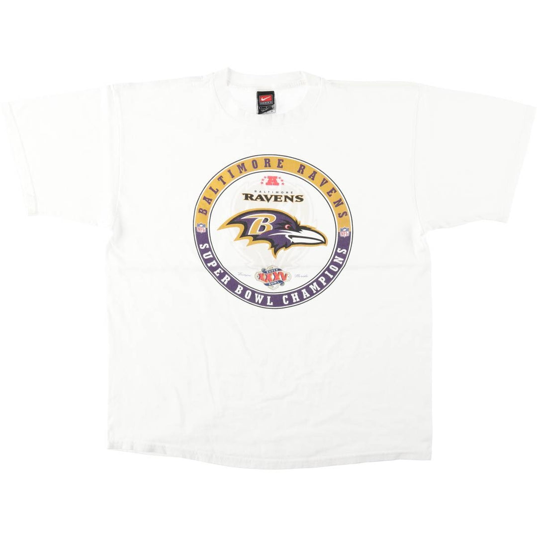 ~2000'S Nike TEAM NFL Baltimore Ravens SUPER BOWL XXXV Sports Print T-Shirt, Men's Size L (approx.) cotton white type Vintage Second Hand