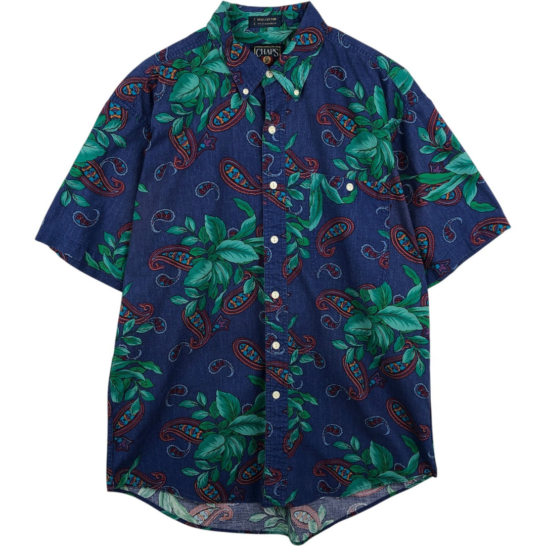 Vintage 1980'S Ralph Lauren CHAPS short-sleeved button-down shirt, men's size L (approx.), featuring leaf and paisley patterns. cotton Navy blue Vintage Second Hand