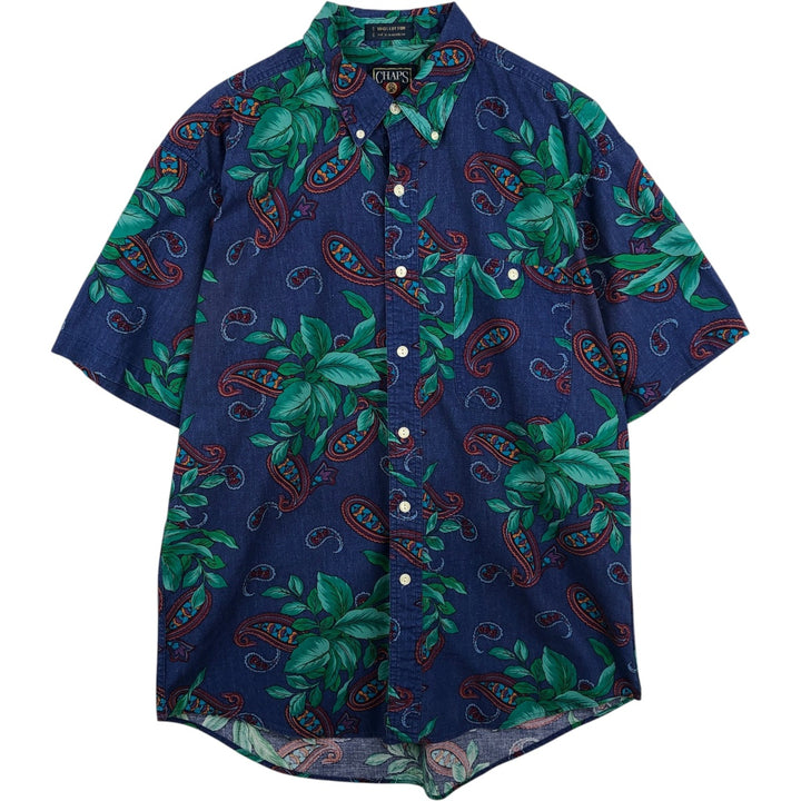 Vintage 1980'S Ralph Lauren CHAPS short-sleeved button-down shirt, men's size L (approx.), featuring leaf and paisley patterns. cotton Navy blue Vintage Second Hand