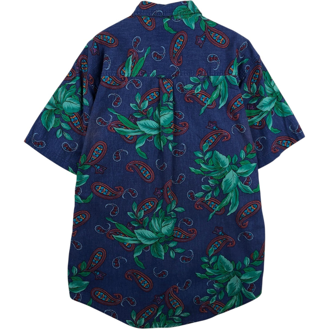 Vintage 1980'S Ralph Lauren CHAPS short-sleeved button-down shirt, men's size L (approx.), featuring leaf and paisley patterns. cotton Navy blue Vintage Second Hand