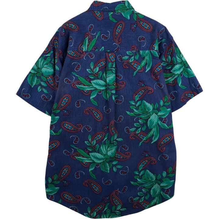 Vintage 1980'S Ralph Lauren CHAPS short-sleeved button-down shirt, men's size L (approx.), featuring leaf and paisley patterns. cotton Navy blue Vintage Second Hand